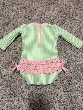Green & Pink Ruffle Butts Long-Sleeve One-Piece Swim Suit